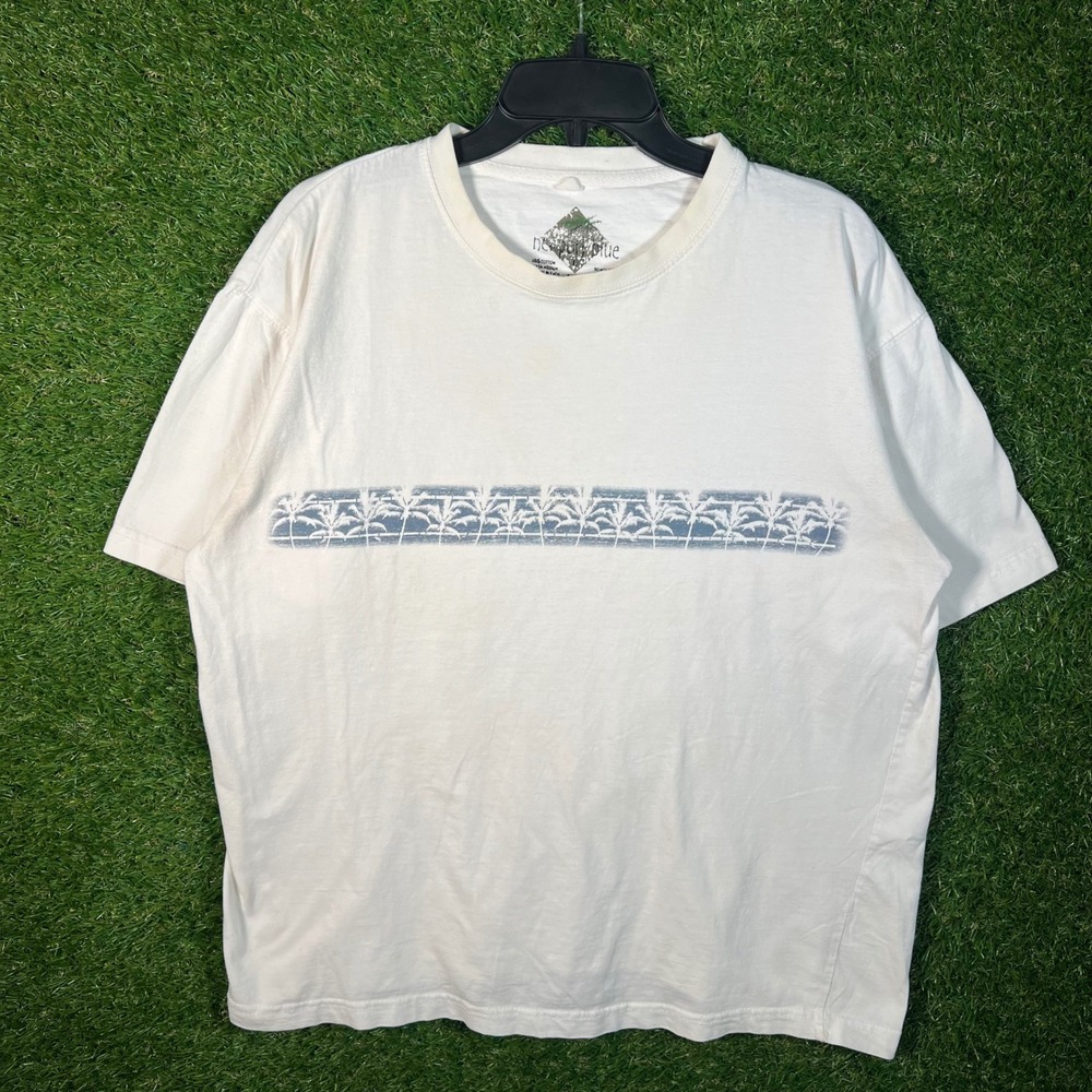 Newport Blue Mens Short Sleeve Graphic T-Shirt White Large Palm Tree Stripe